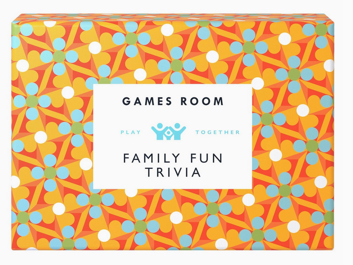 Box of 'Family Fun Trivia' game from 'Games Room' with colorful floral pattern.