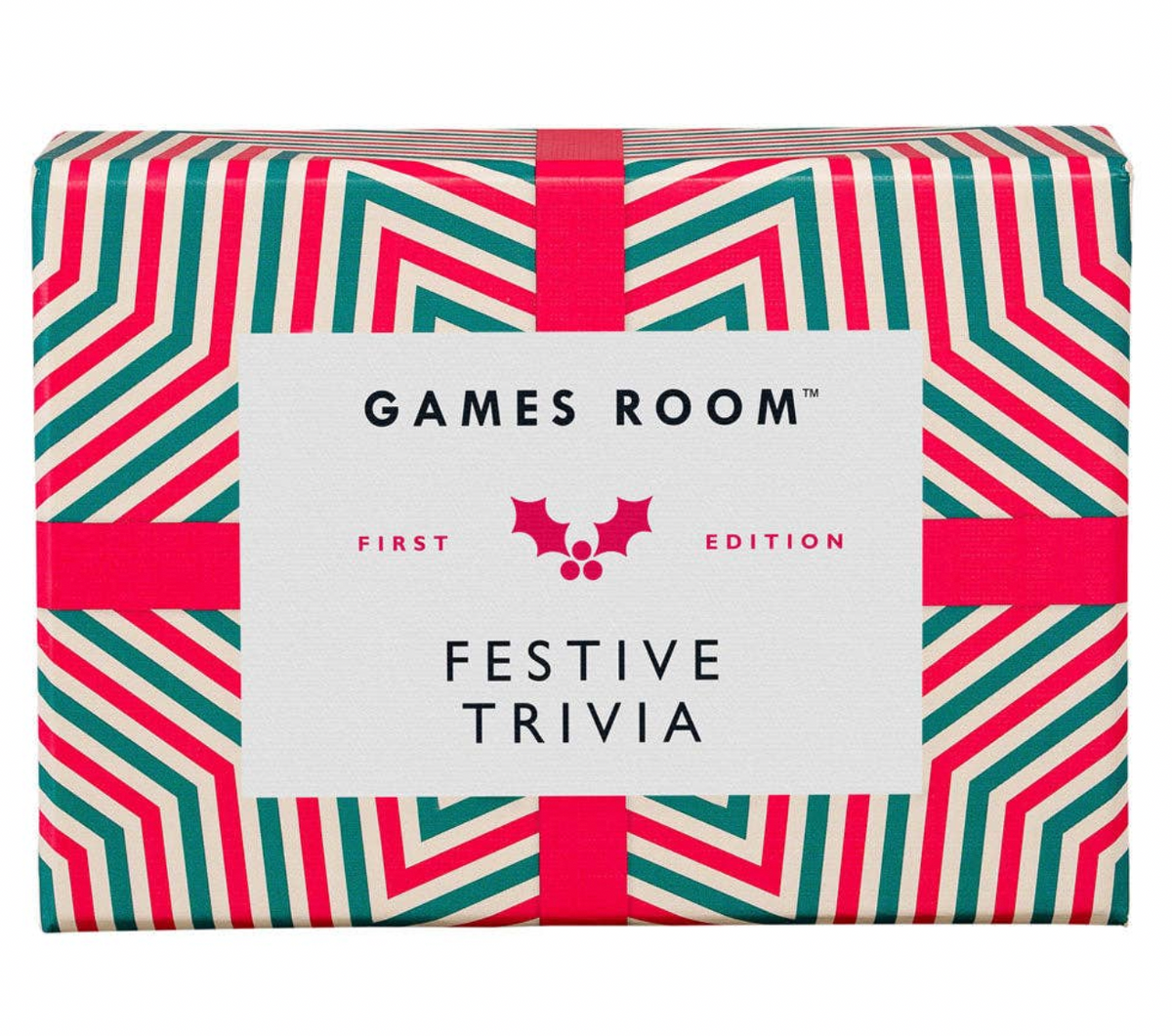 Festive trivia game box with red and green chevron pattern on a white background
