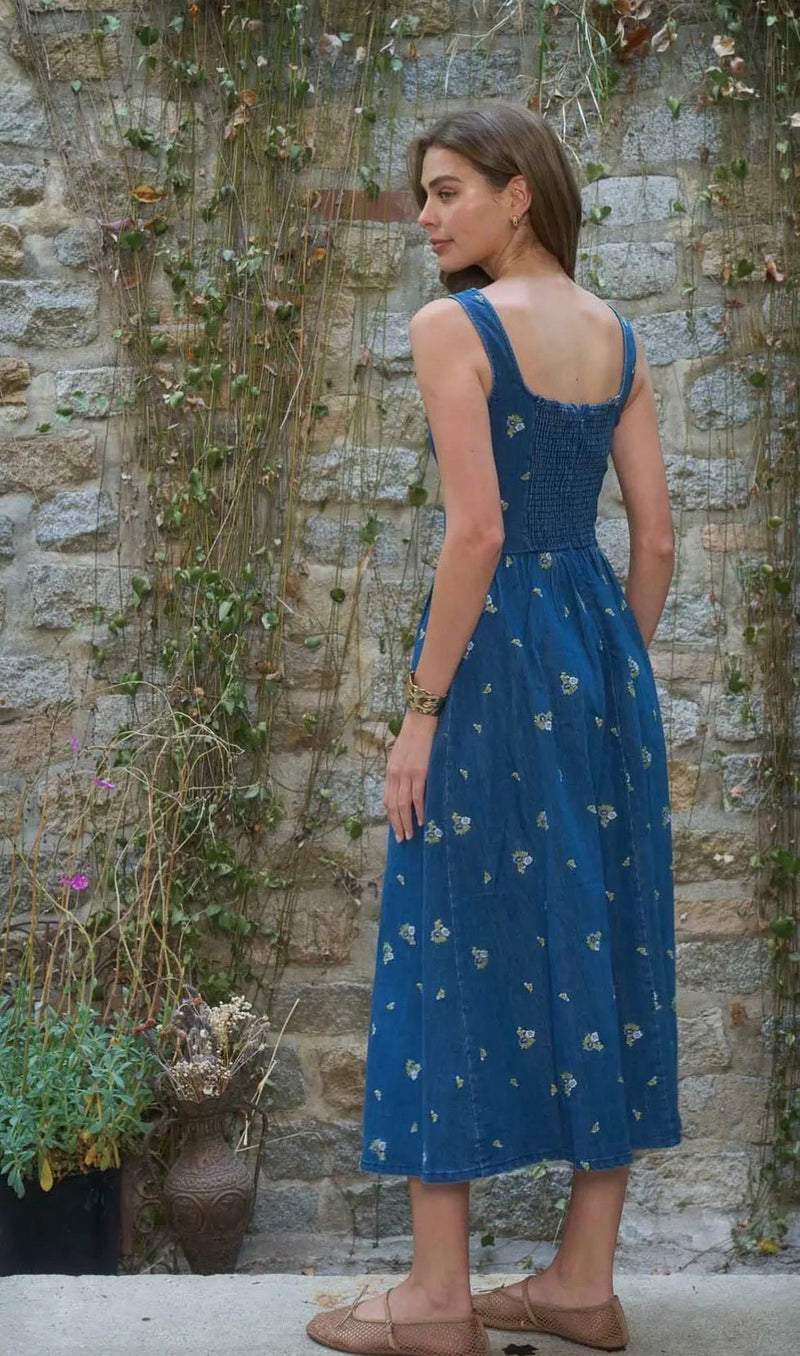 Floral Corset Denim Midi - Flea Boutiques