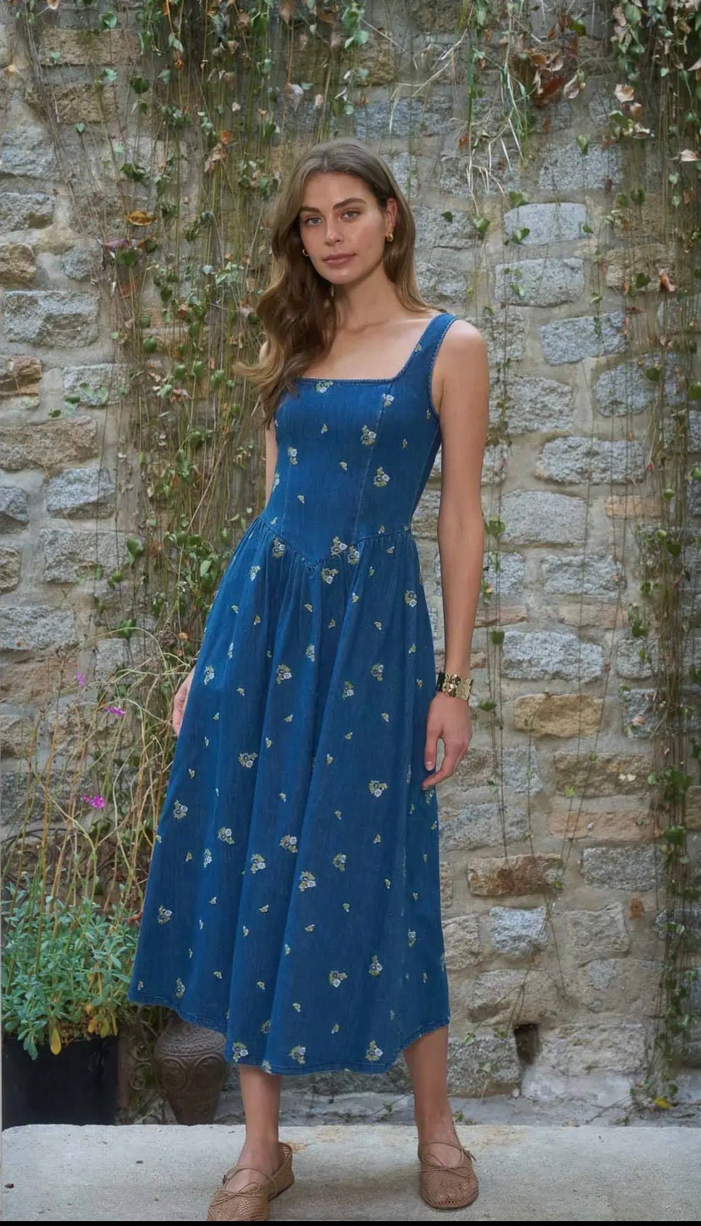 Floral Corset Denim Midi - Flea Boutiques