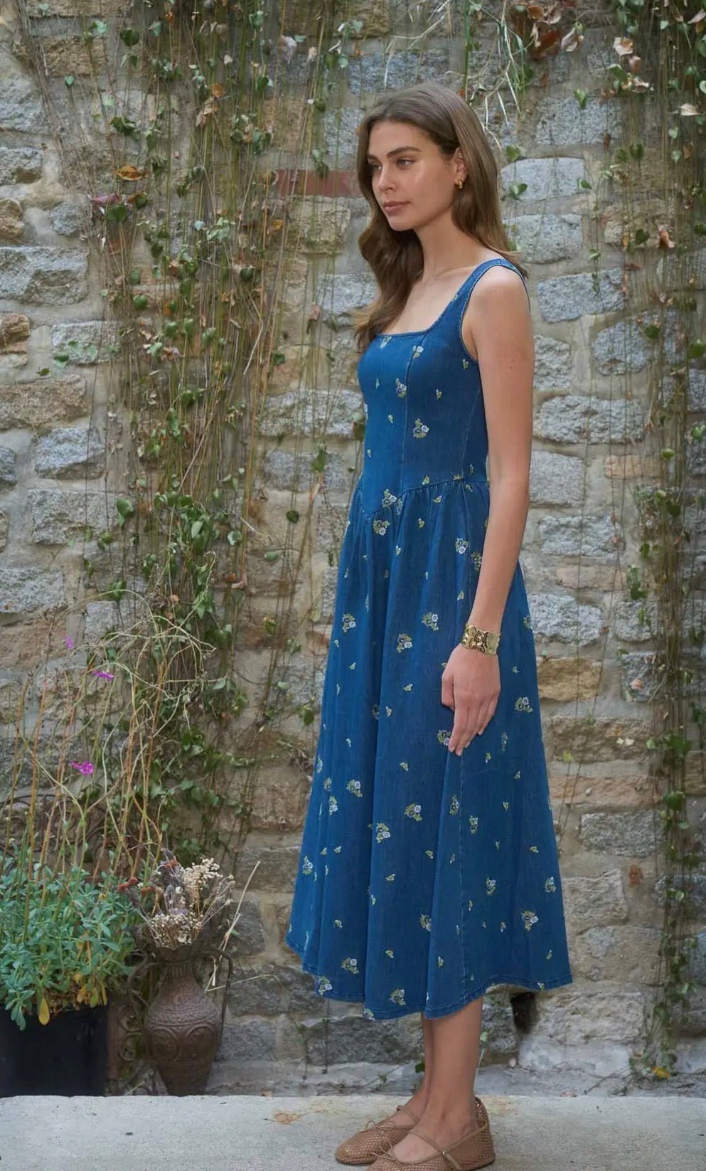Floral Corset Denim Midi - Flea Boutiques