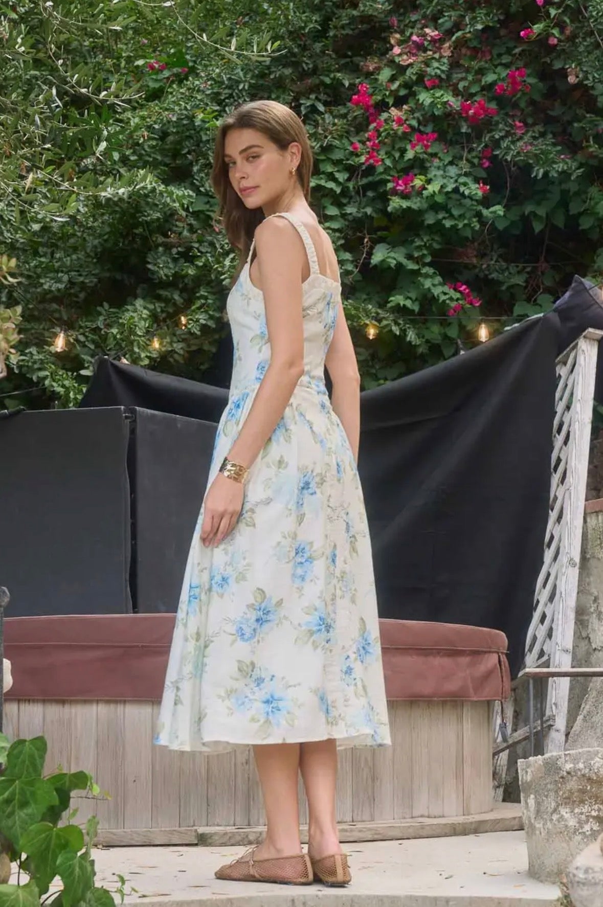 Floral Corset Detail Midi Dress Off White Multi / LG