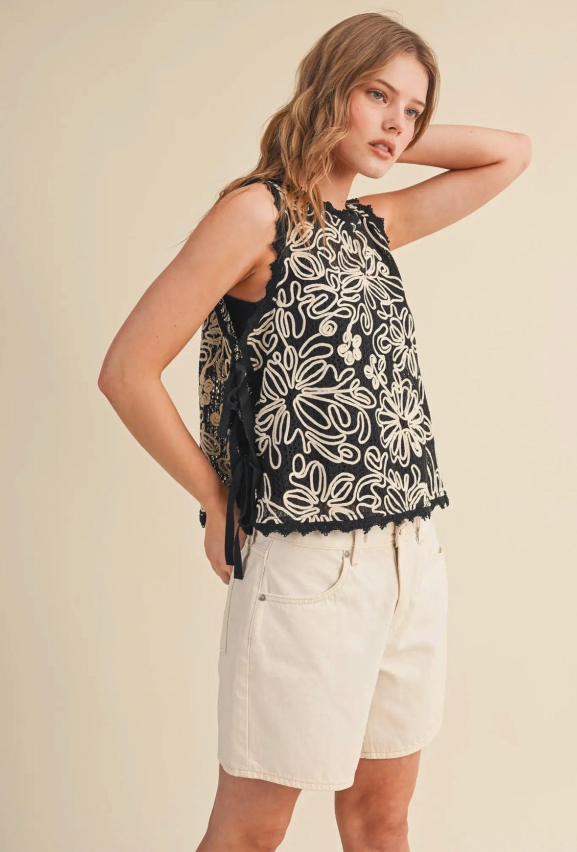 Floral Crochet Tank w/Tying Detail - Flea Boutiques