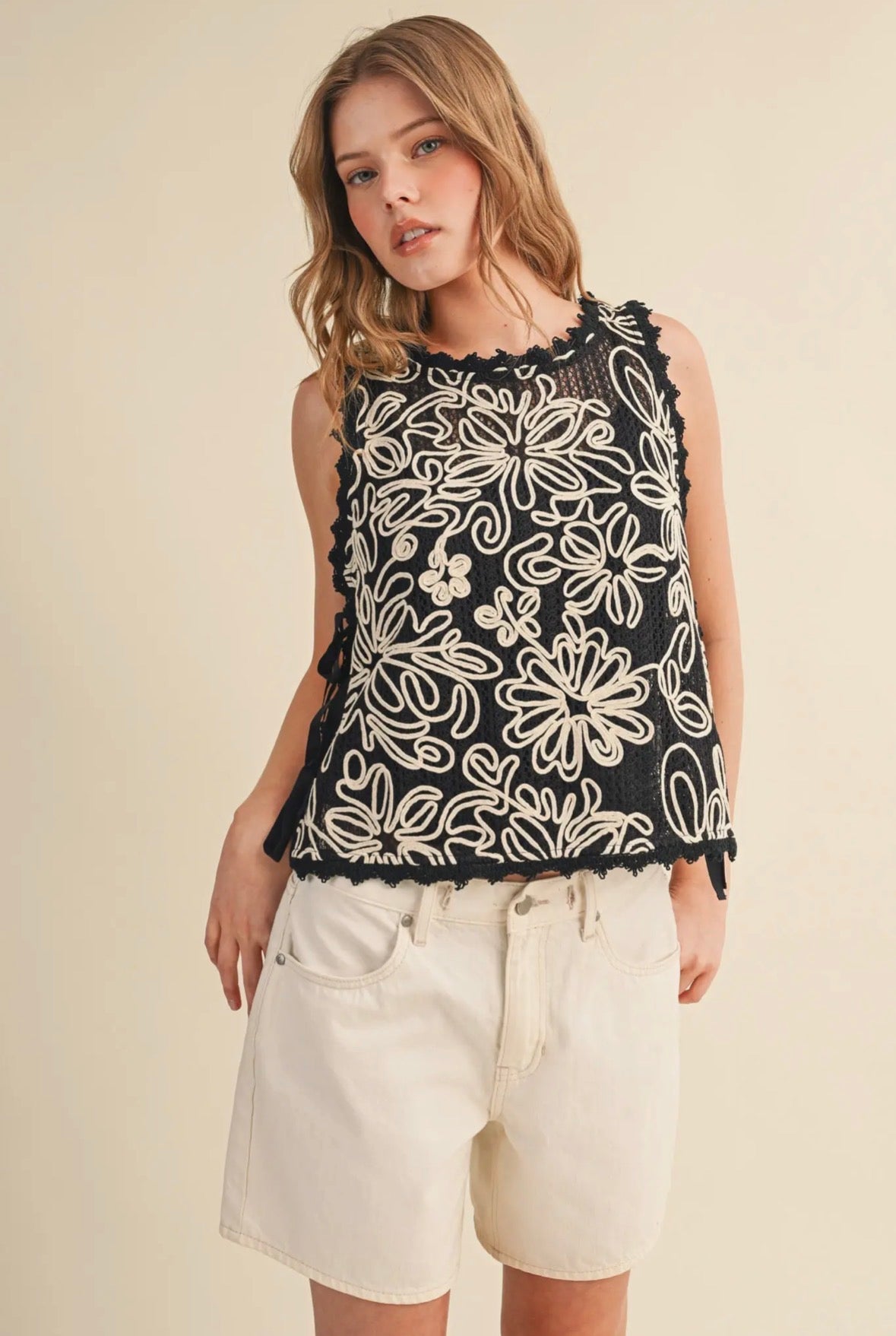 Floral Crochet Tank w/Tying Detail - Flea Boutiques