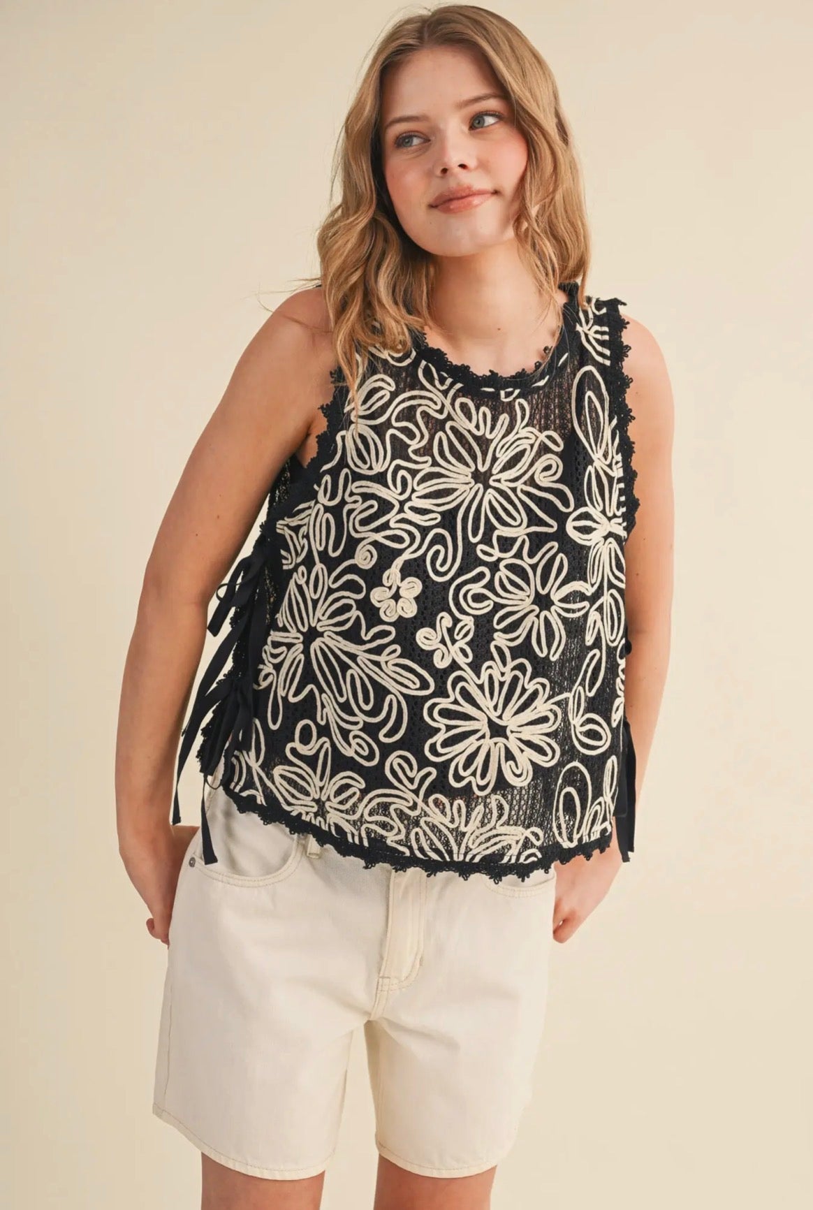 Floral Crochet Tank w/Tying Detail - Flea Boutiques