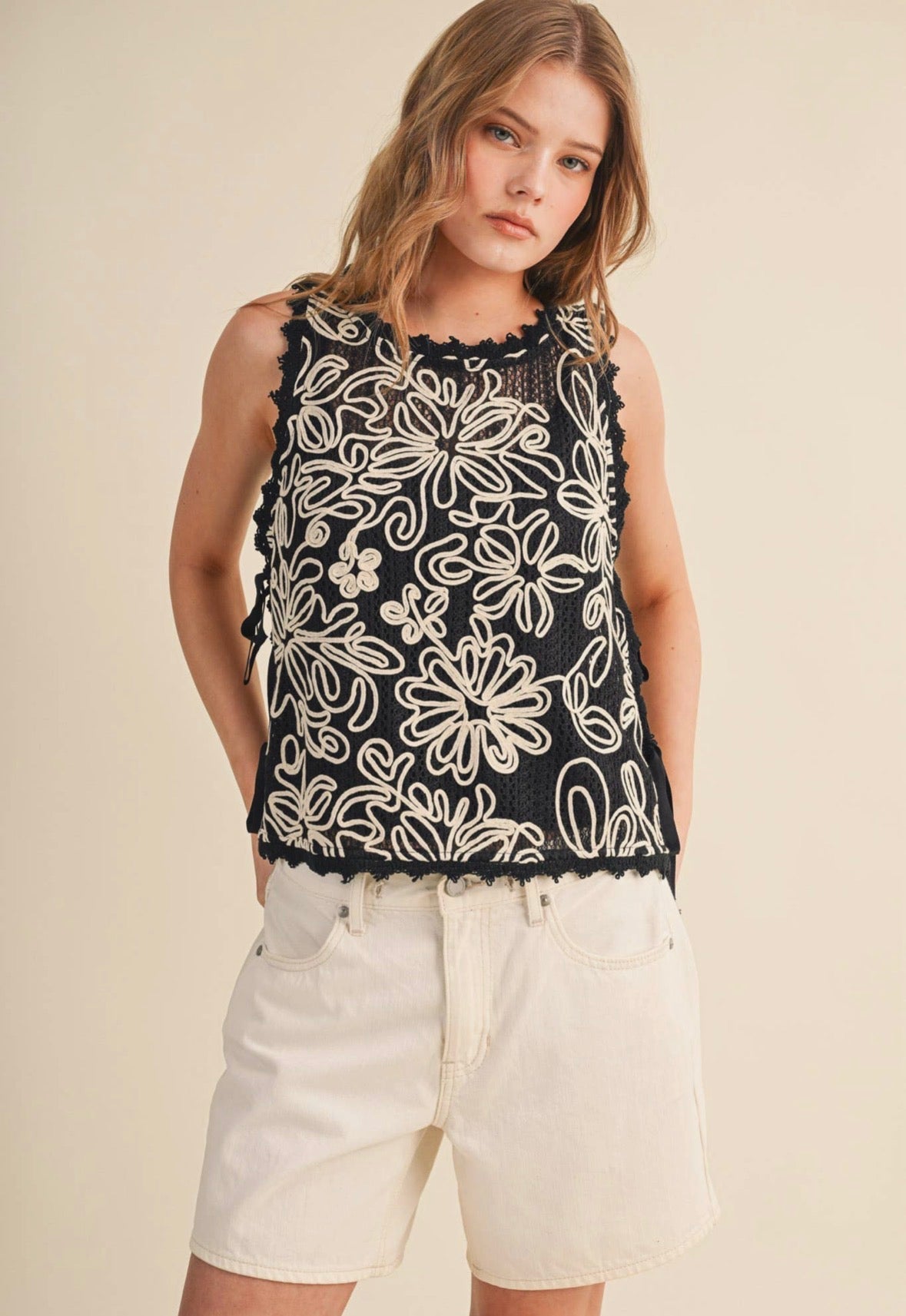 Floral Crochet Tank w/Tying Detail - Flea Boutiques