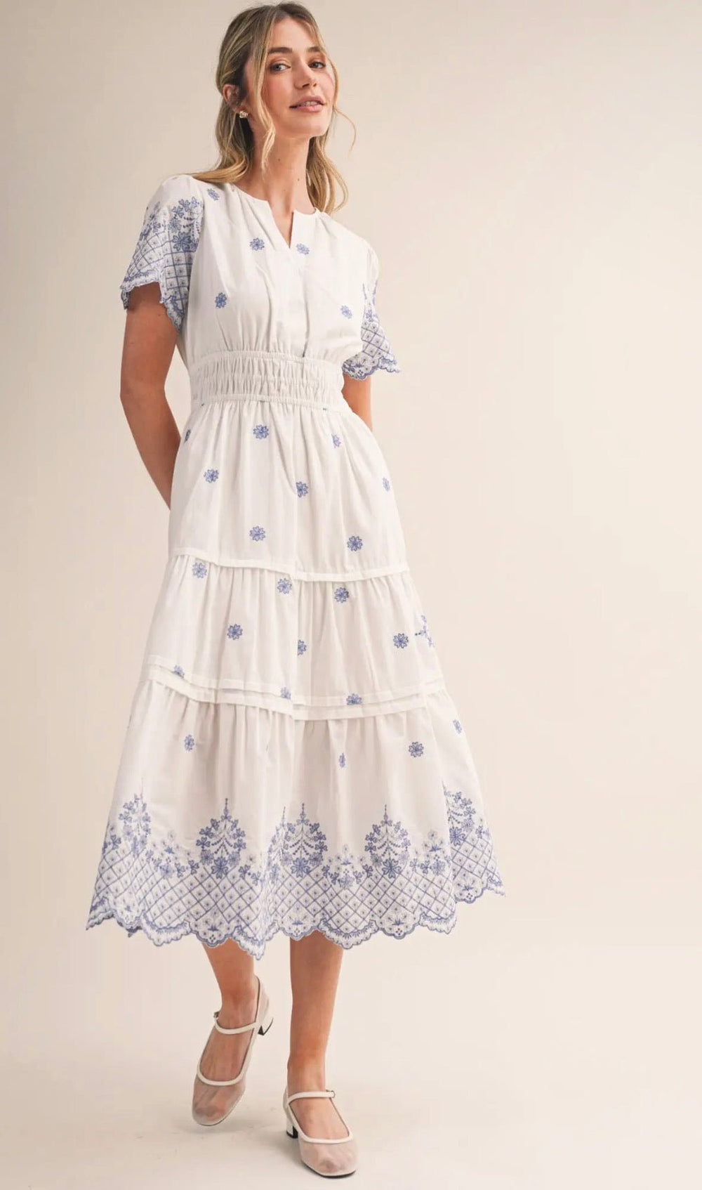 Floral Embroidered Tiered Midi Dress
