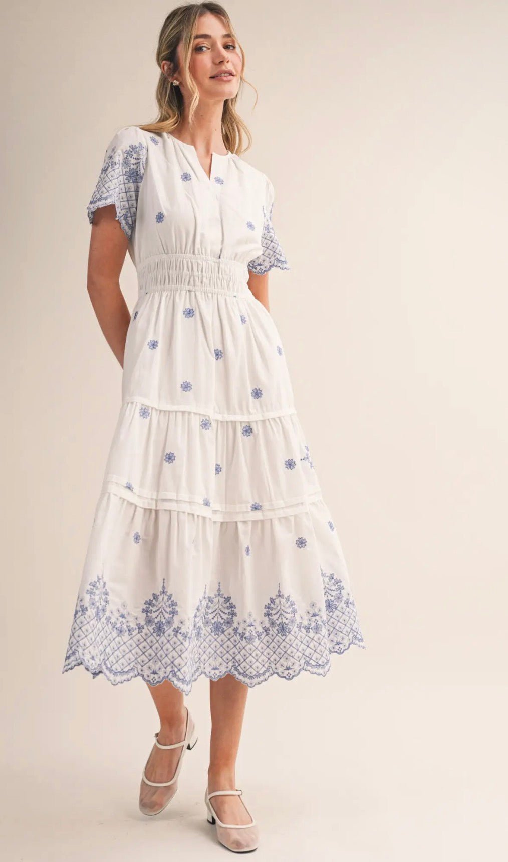Floral Embroidered Tiered Midi Dress - Flea Boutiques