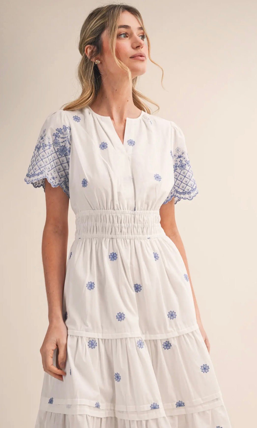 Floral Embroidered Tiered Midi Dress - Flea Boutiques