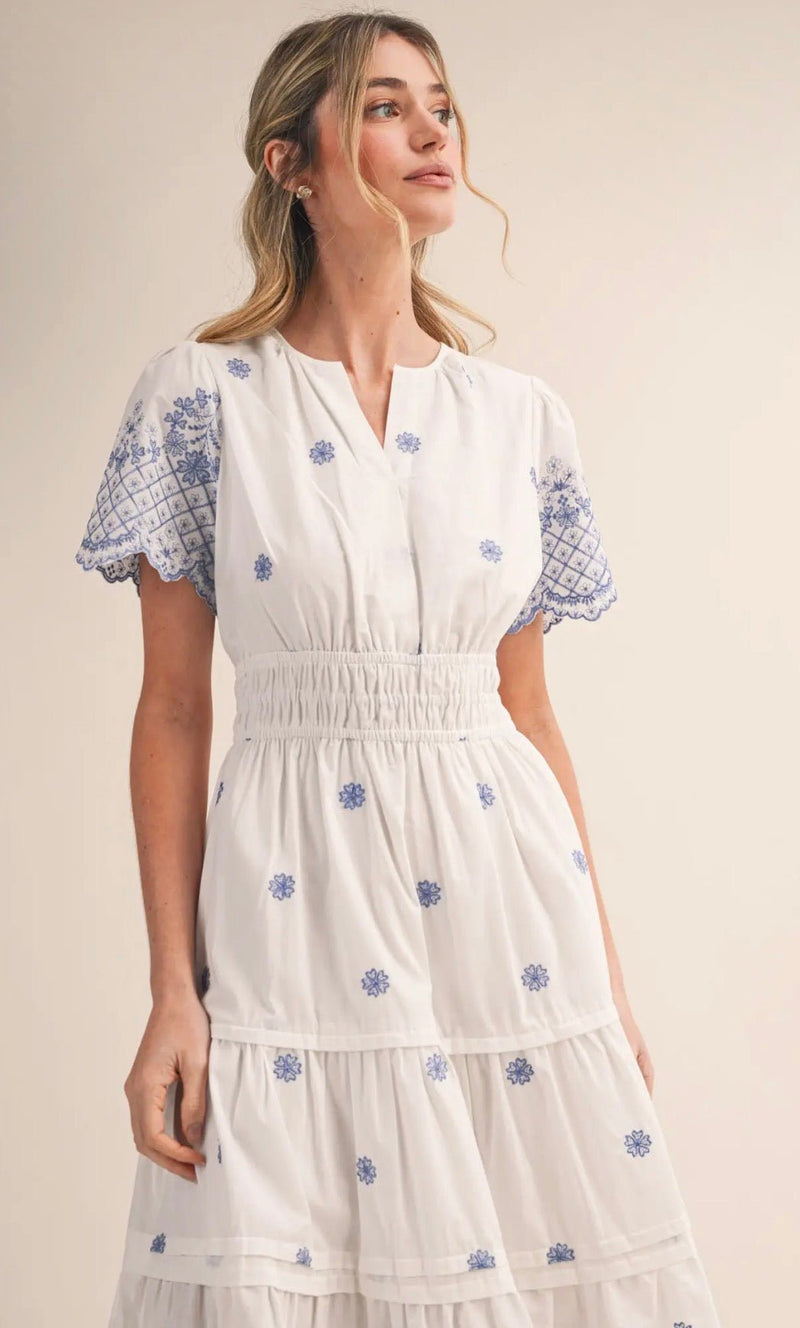 Floral Embroidered Tiered Midi Dress - Flea Boutiques
