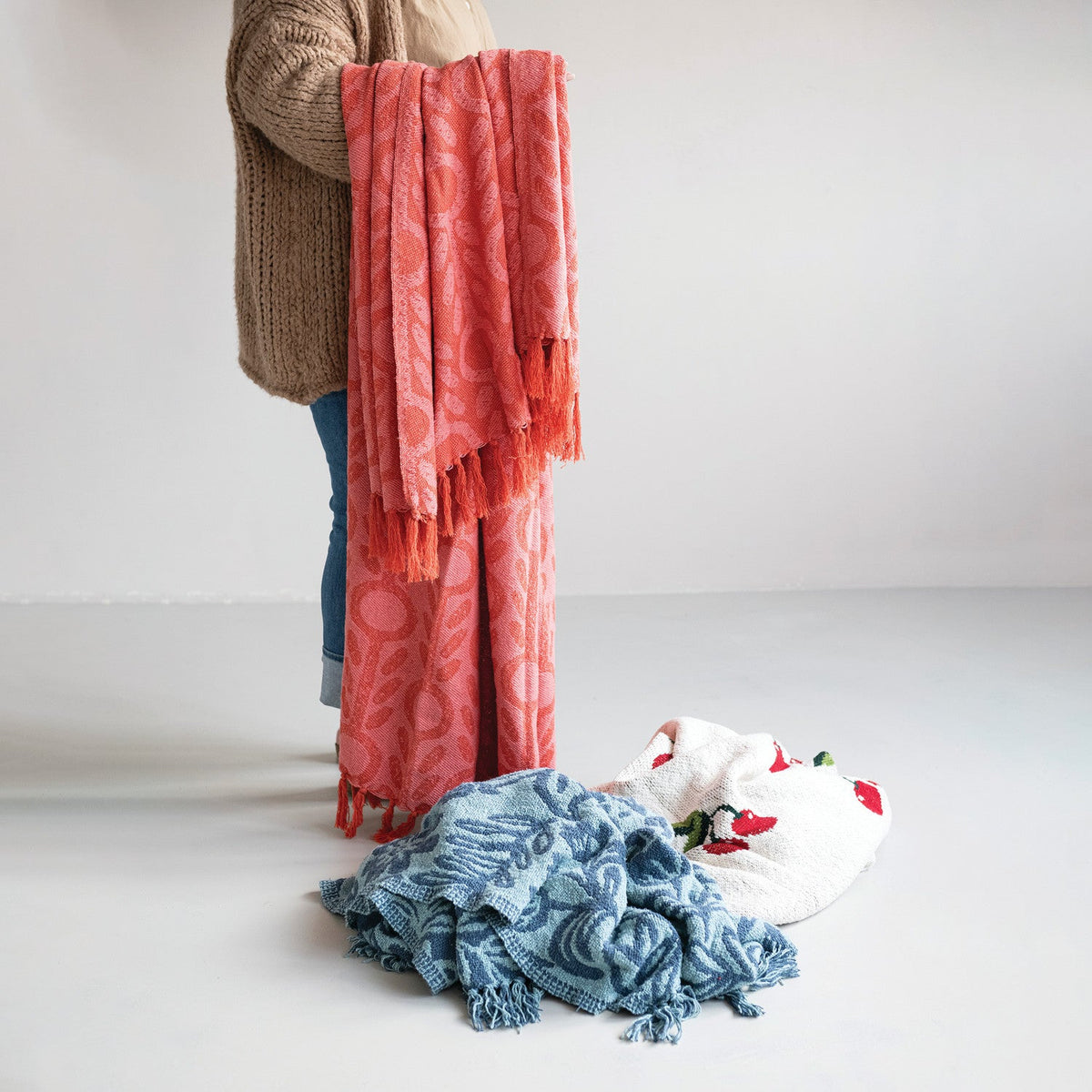 Floral Jacquard Throw with Fringe - Flea Boutiques