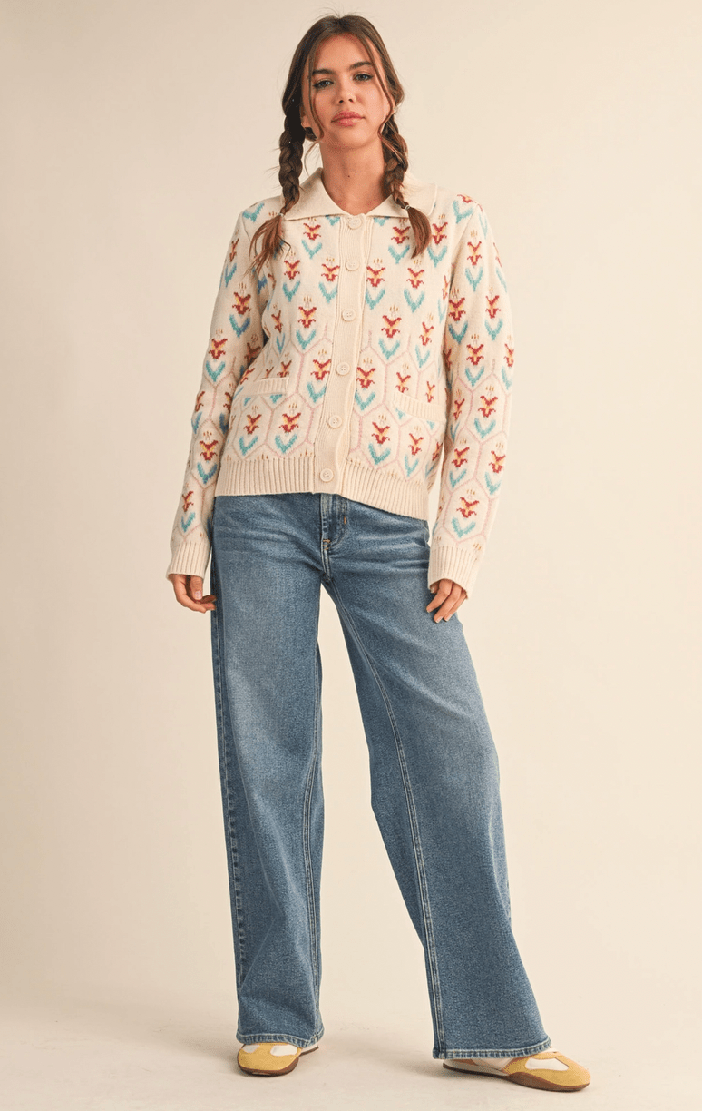 Floral Knit Collared Sweater - Flea Boutiques