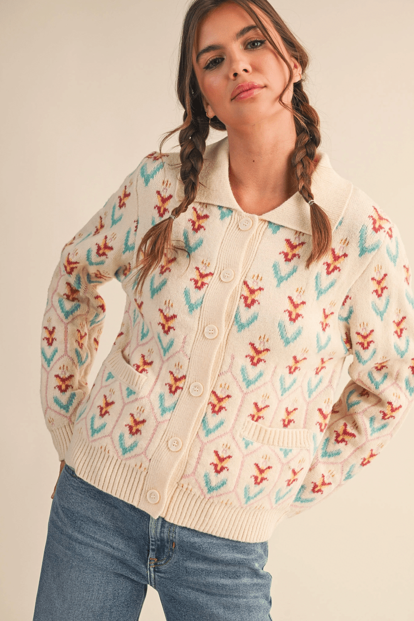 Floral Knit Collared Sweater - Flea Boutiques