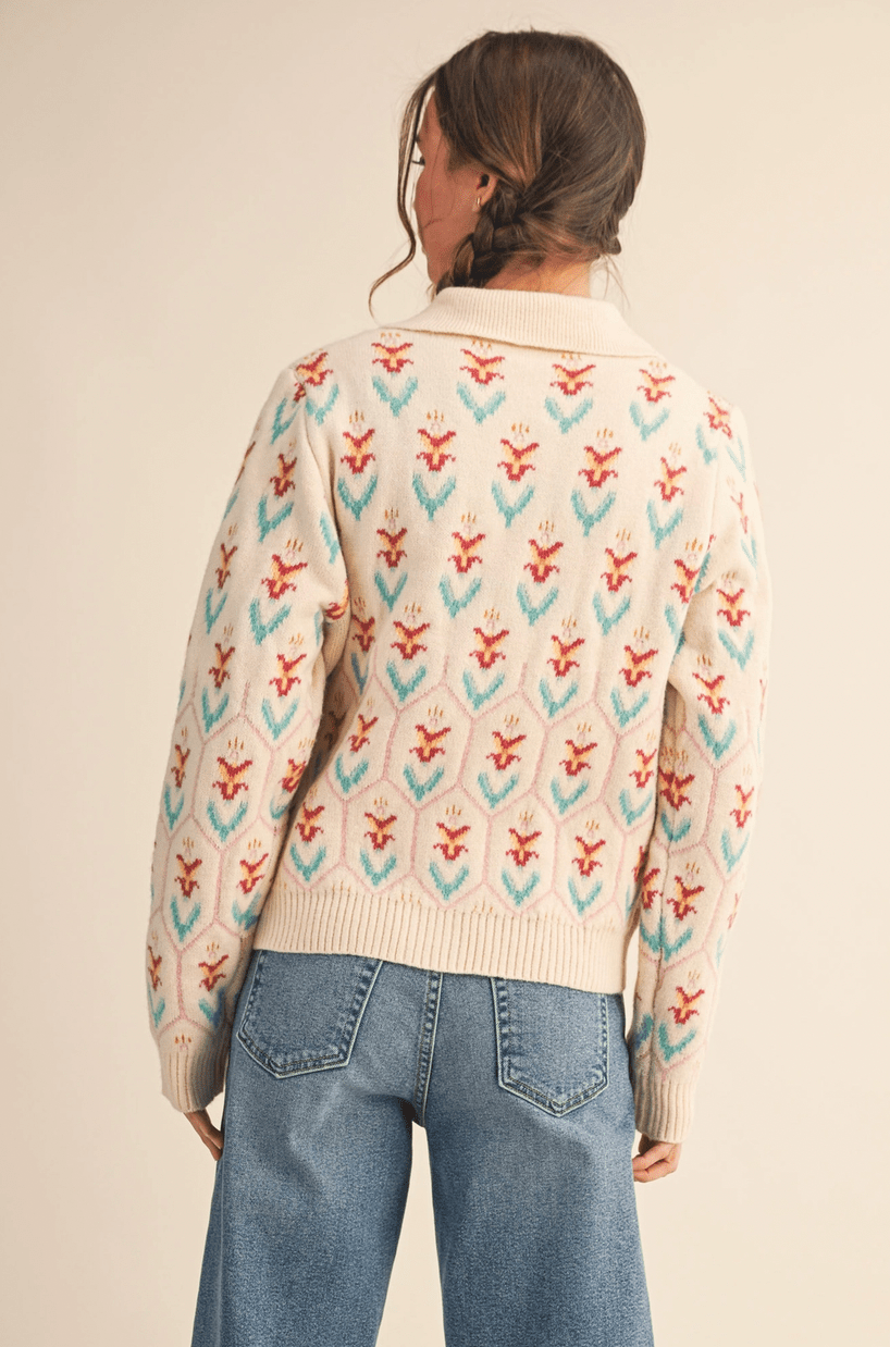 Floral Knit Collared Sweater - Flea Boutiques