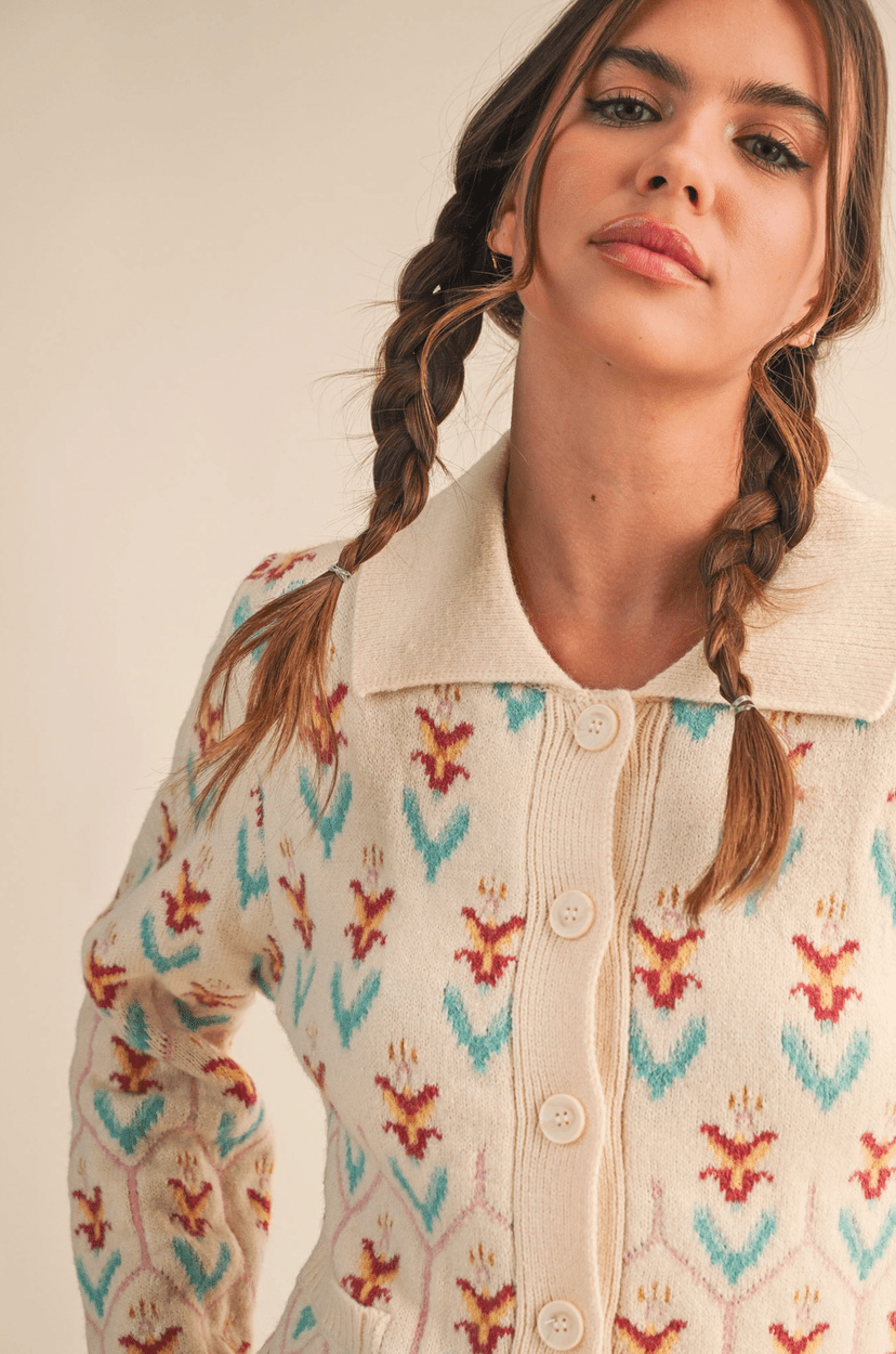 Floral Knit Collared Sweater - Flea Boutiques