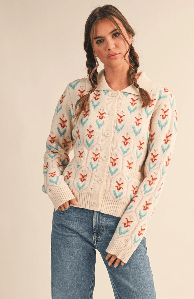 Floral Knit Collared Sweater - Flea Boutiques