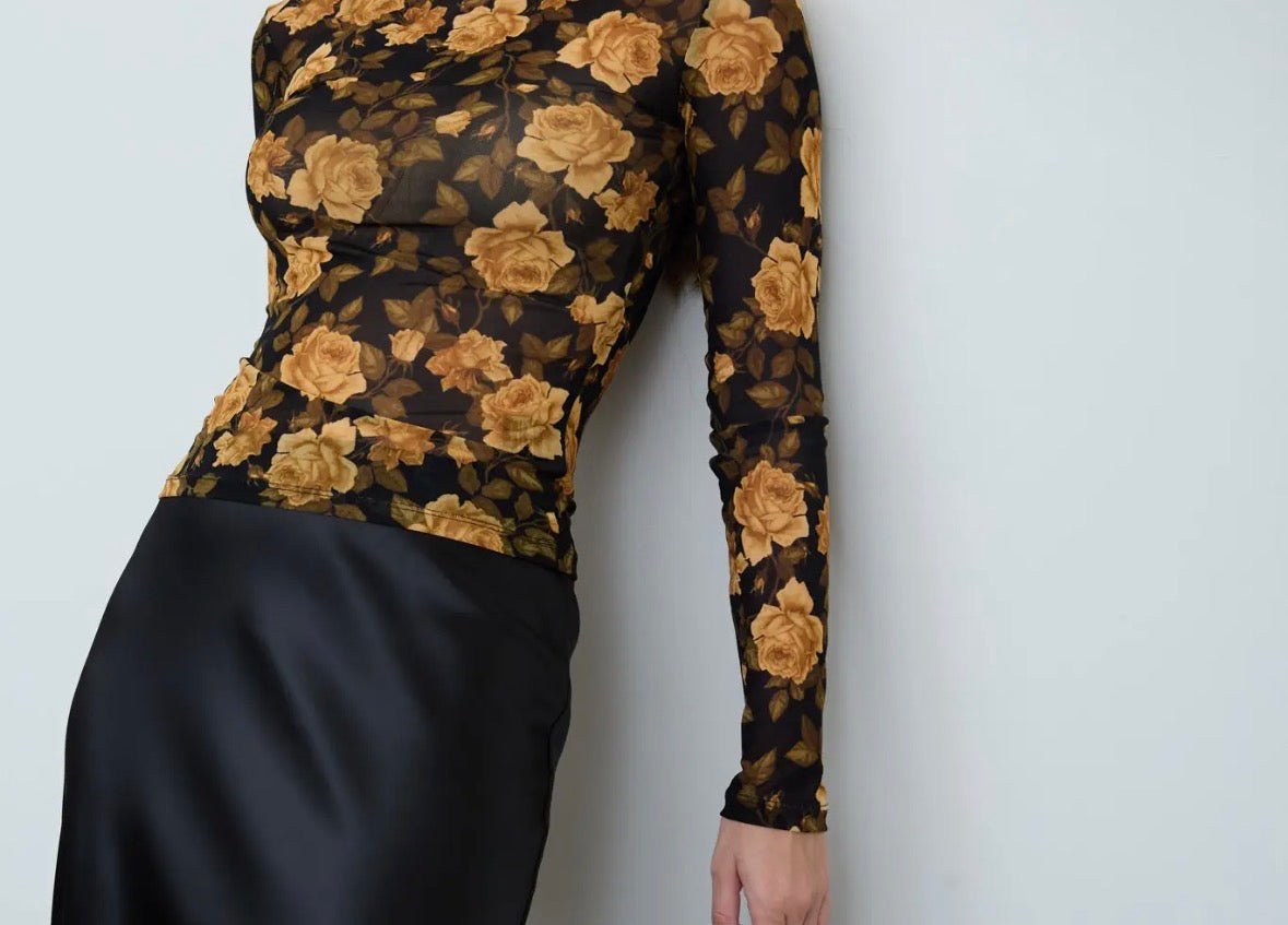 Floral Mesh Mock Neck Long Sleeve Top - Flea Boutiques