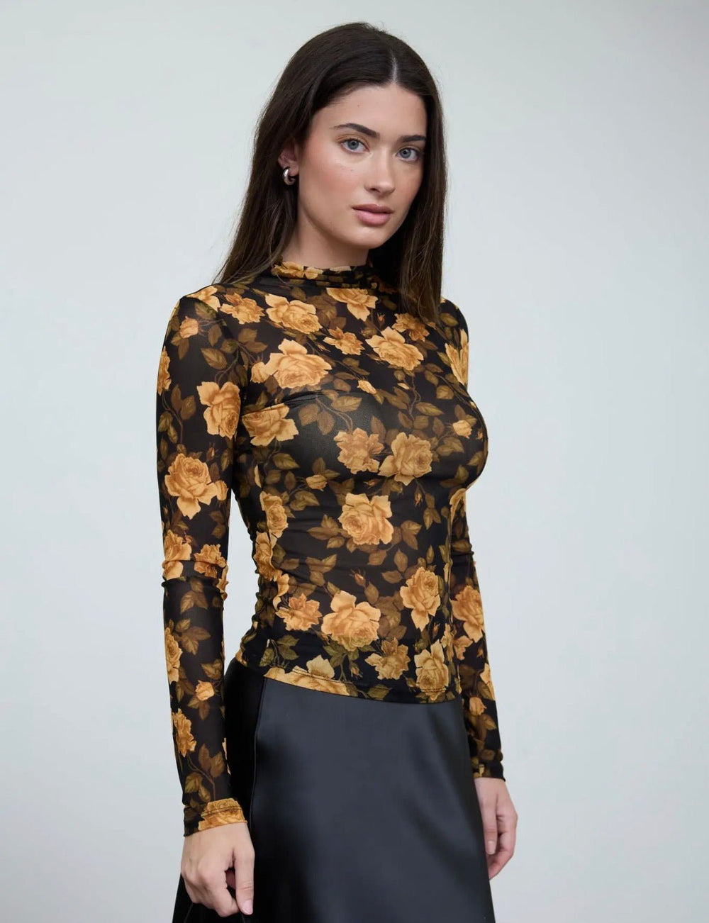 Floral Mesh Mock Neck Long Sleeve Top