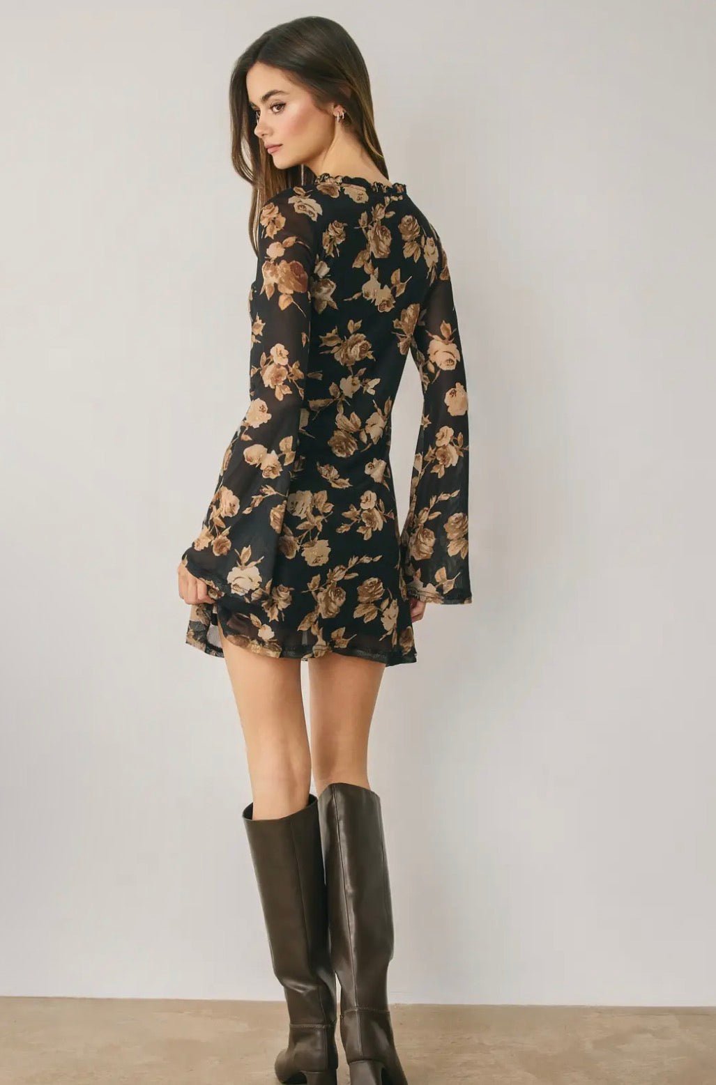 Floral Mesh Ruffled Neck Dress - Flea Boutiques