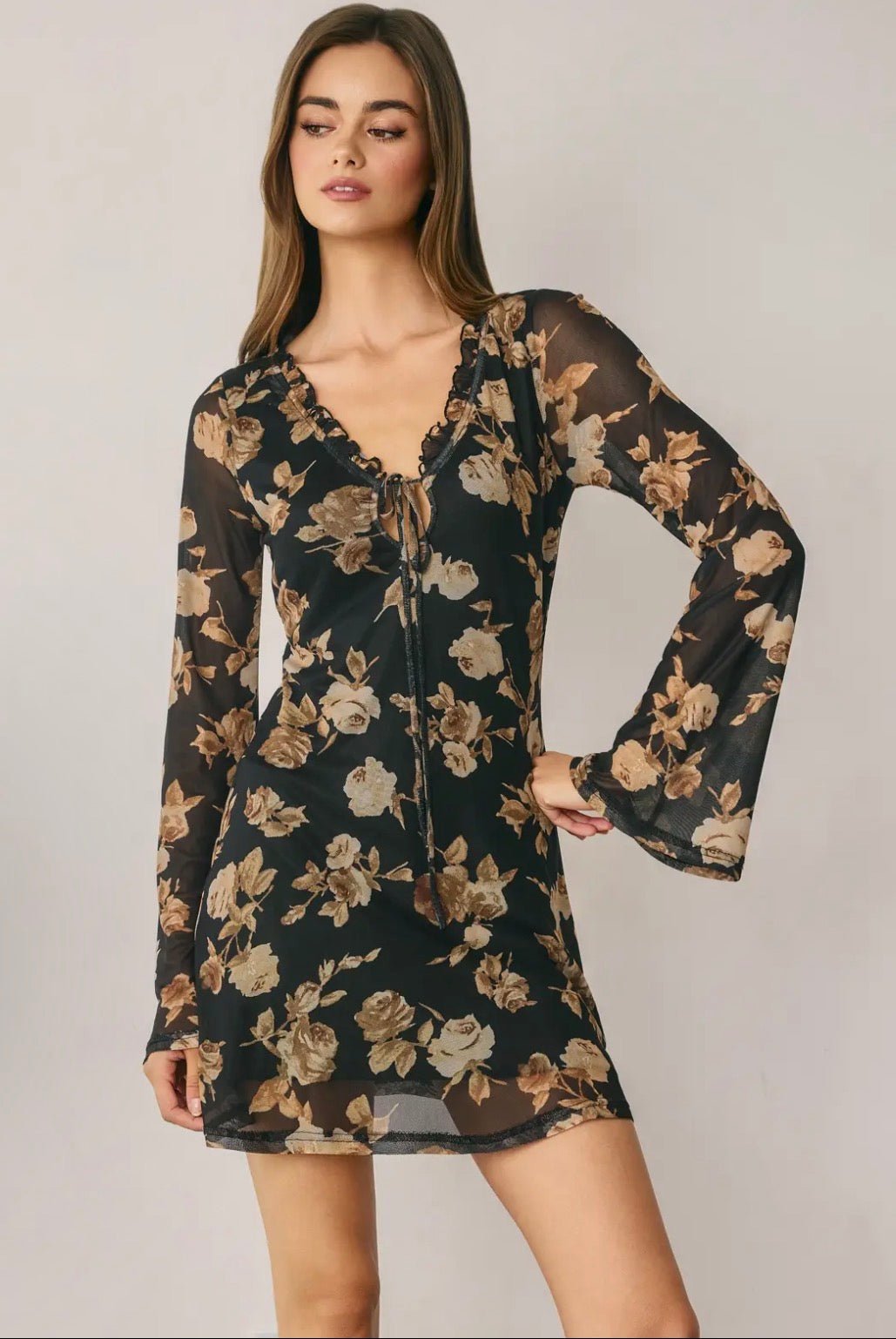 Floral Mesh Ruffled Neck Dress - Flea Boutiques