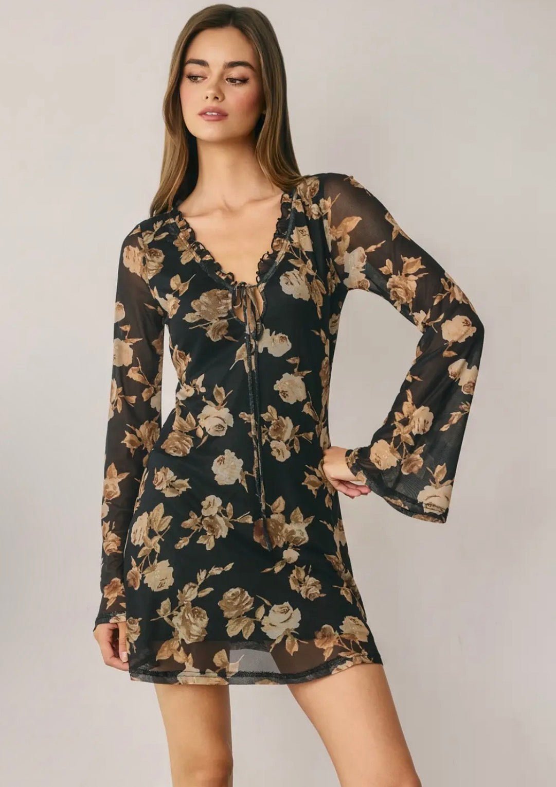 Floral Mesh Ruffled Neck Dress - Flea Boutiques
