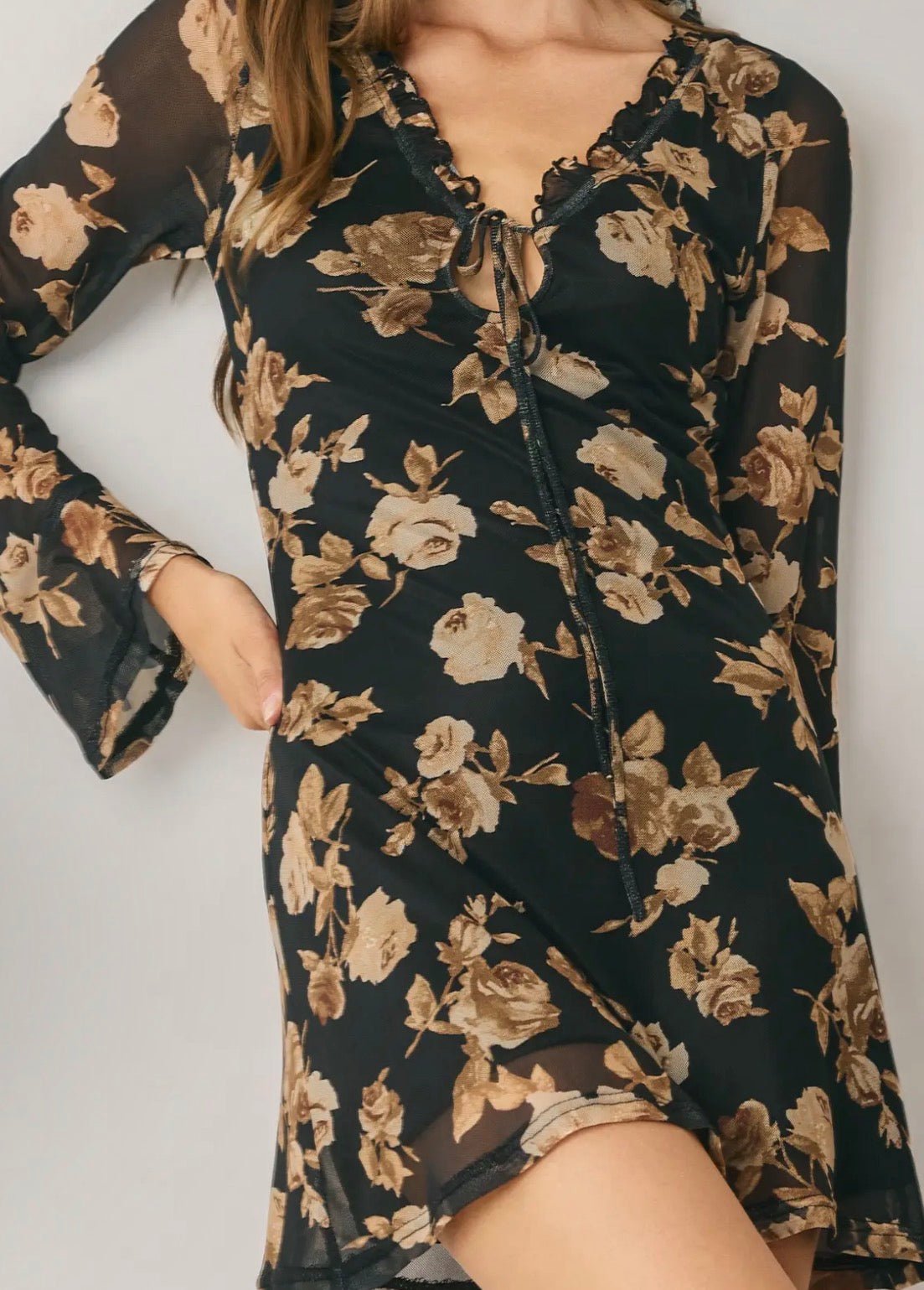 Floral Mesh Ruffled Neck Dress - Flea Boutiques