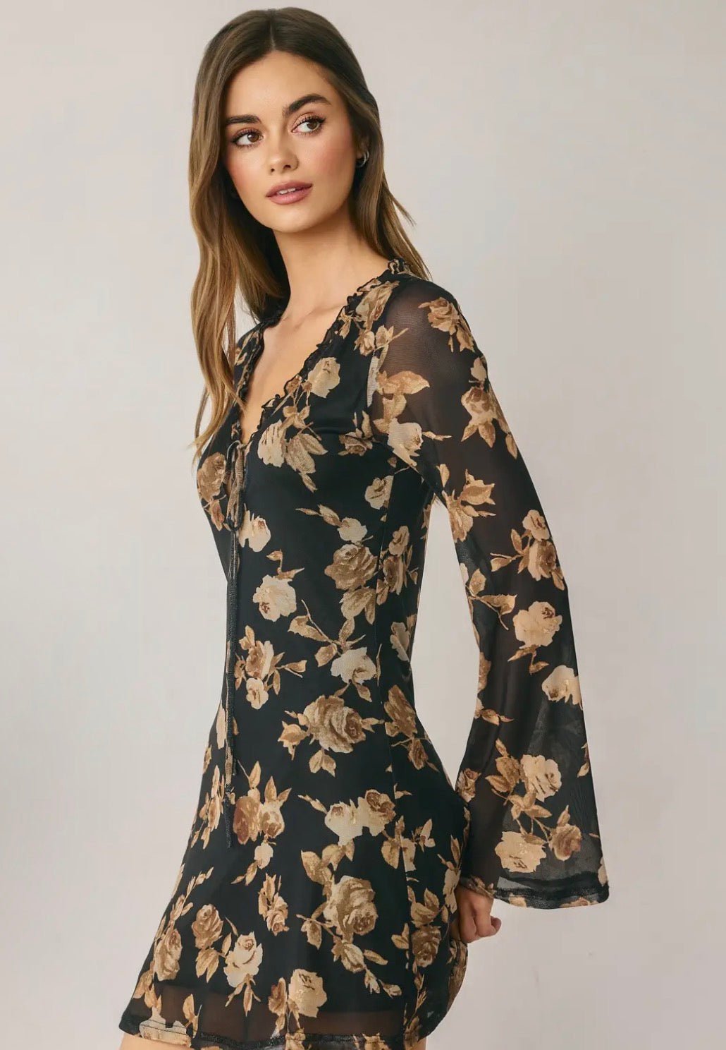 Floral Mesh Ruffled Neck Dress - Flea Boutiques