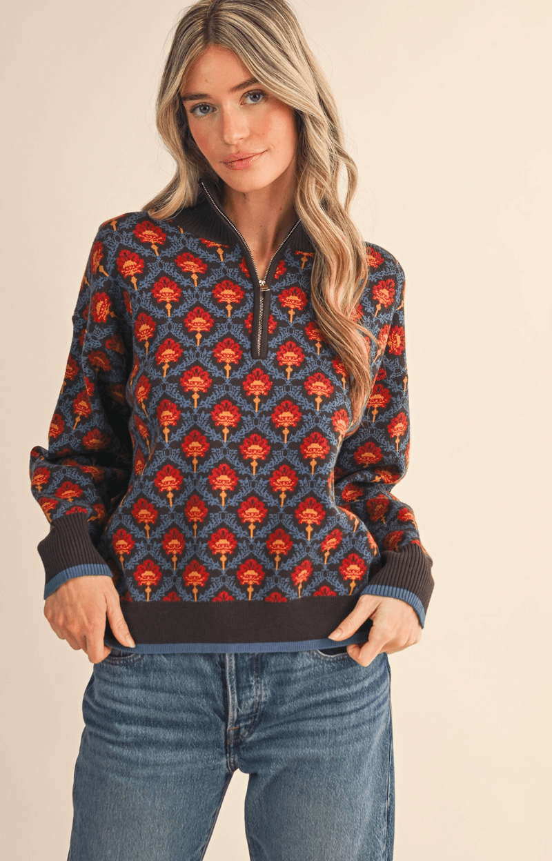 Floral Mock Neck Pullover - Flea Boutiques