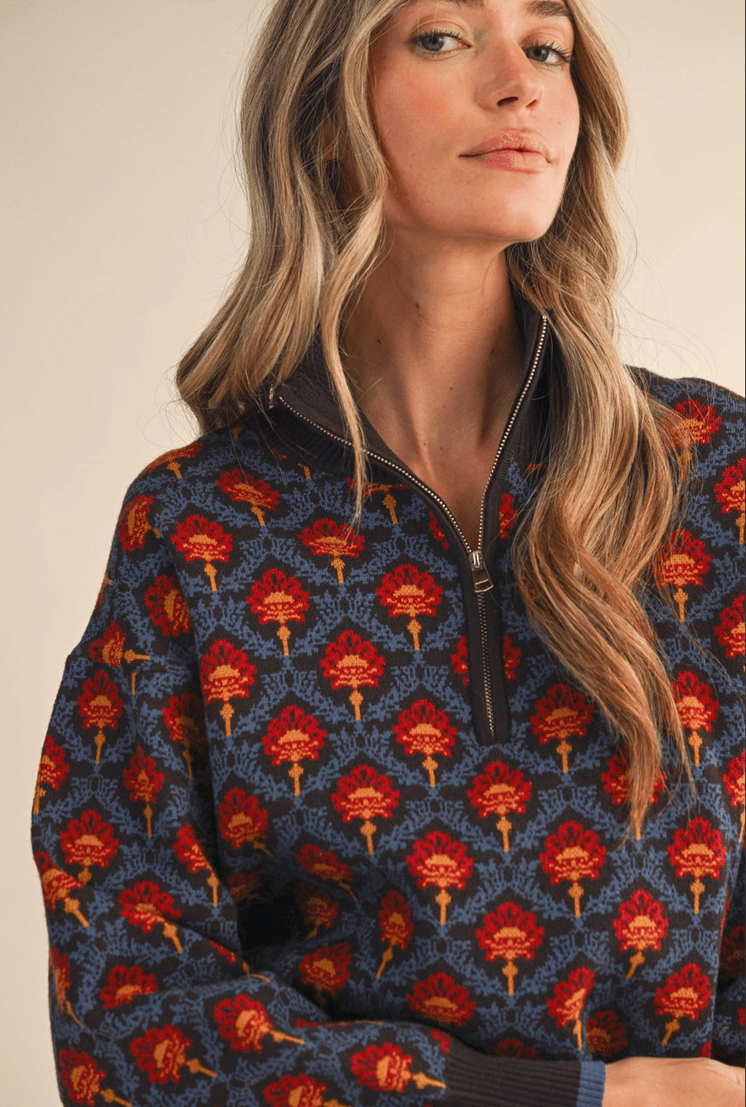Floral Mock Neck Pullover - Flea Boutiques