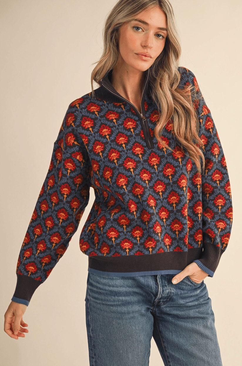 Floral Mock Neck Pullover - Flea Boutiques