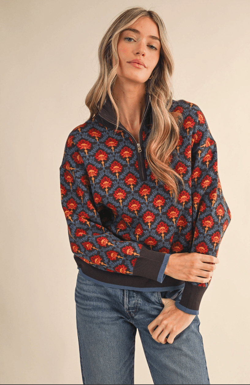 Floral Mock Neck Pullover - Flea Boutiques