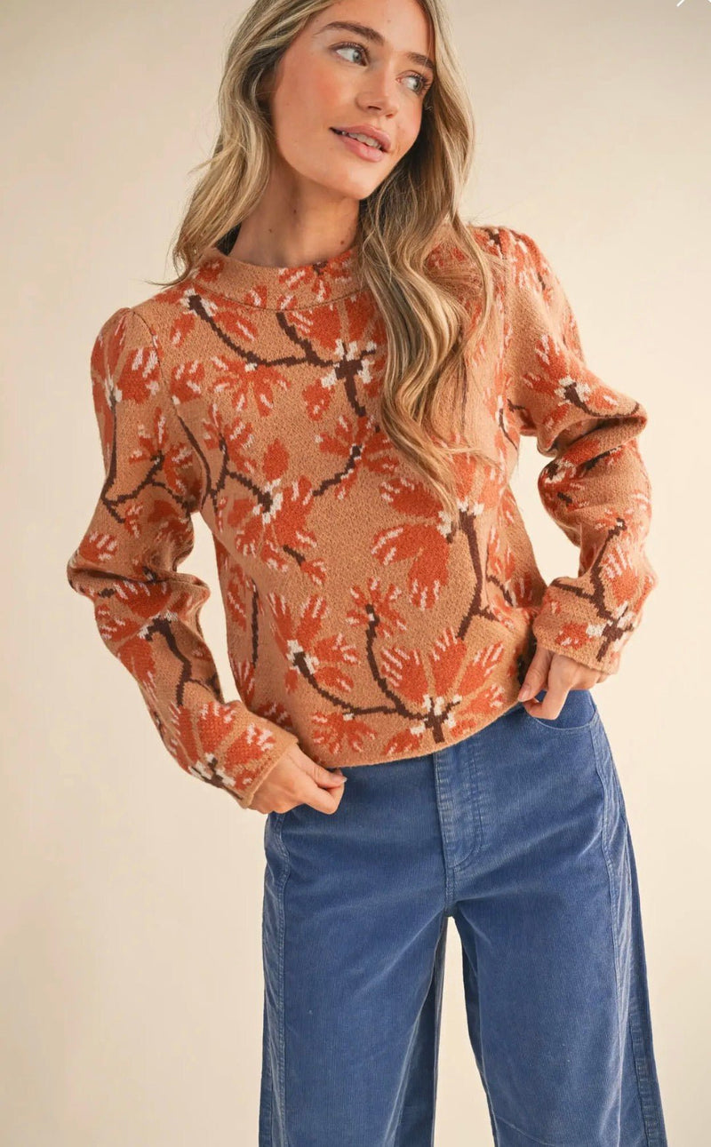 Floral Mock Neck Sweater - Flea Boutiques