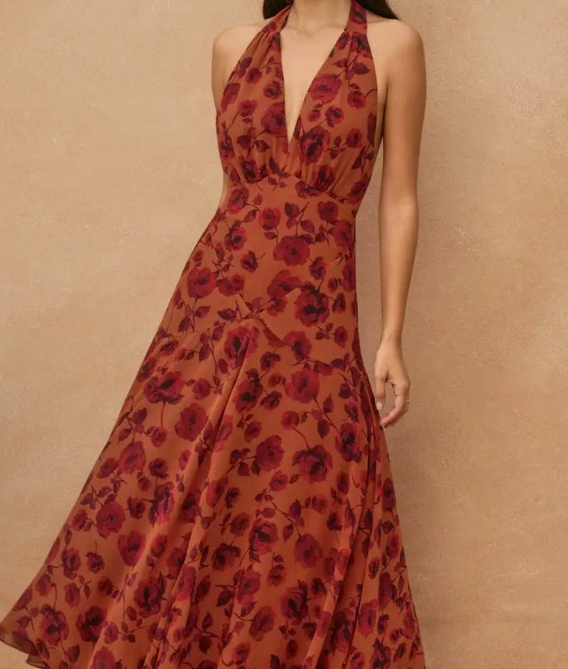 Floral Open Back Halter Dress - Flea Boutiques