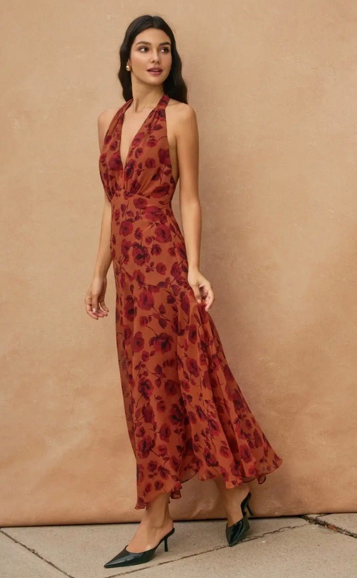 Floral Open Back Halter Dress - Flea Boutiques