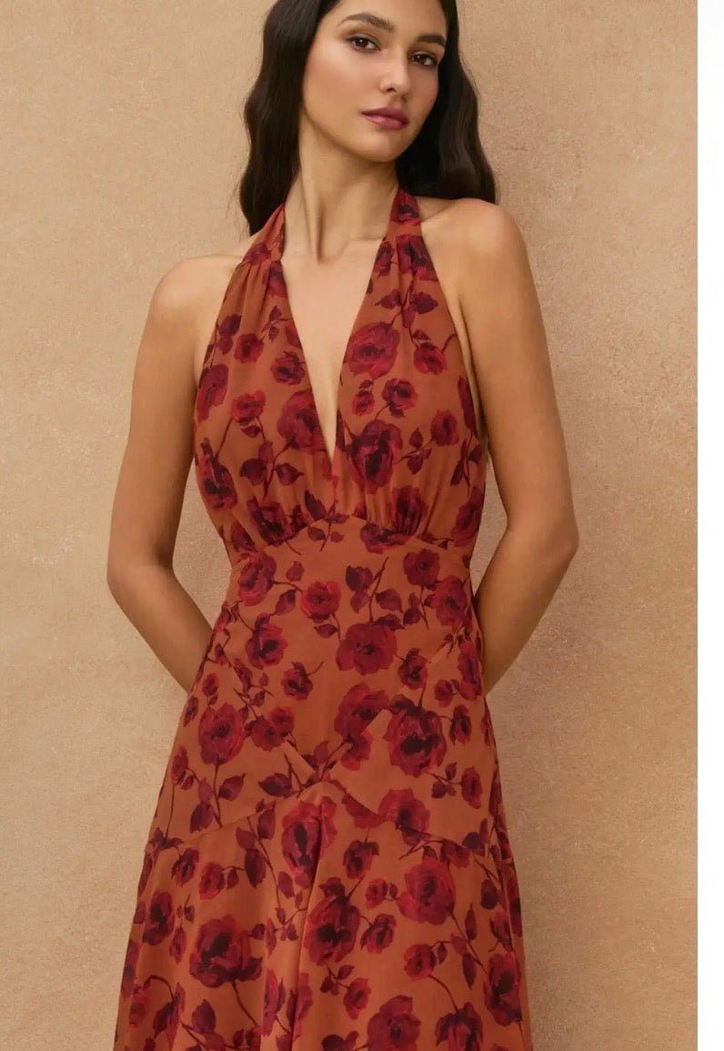 Floral Open Back Halter Dress - Flea Boutiques