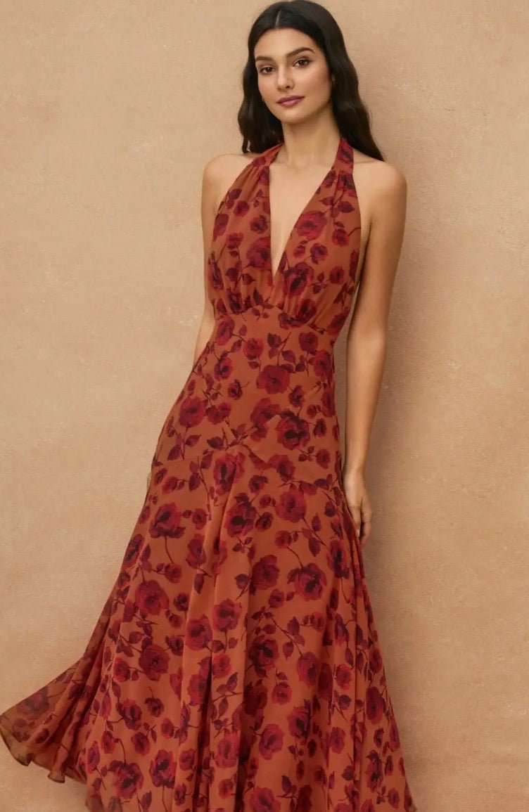 Floral Open Back Halter Dress - Flea Boutiques