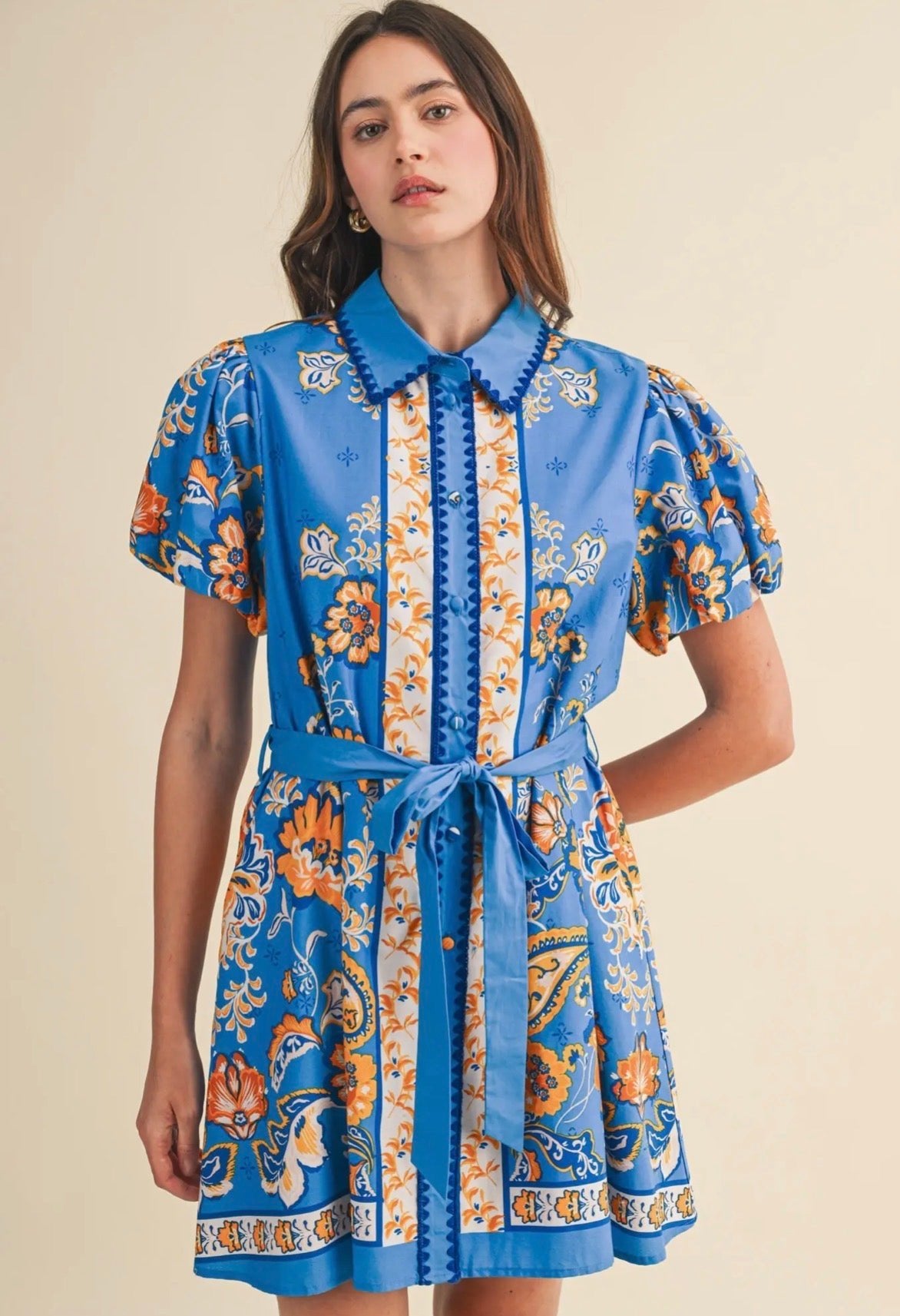 Floral Paisley Belted Mini Dress - Flea Boutiques