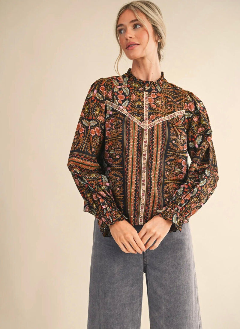 Floral Print Top with Floral Trim - Flea Boutiques