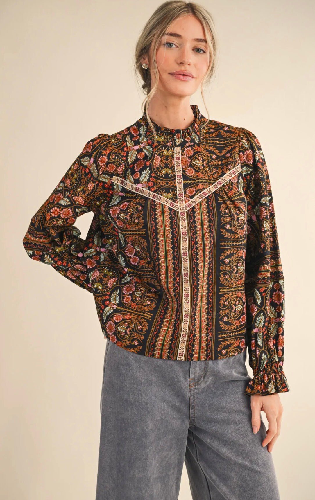 Floral Print Top with Floral Trim - Flea Boutiques