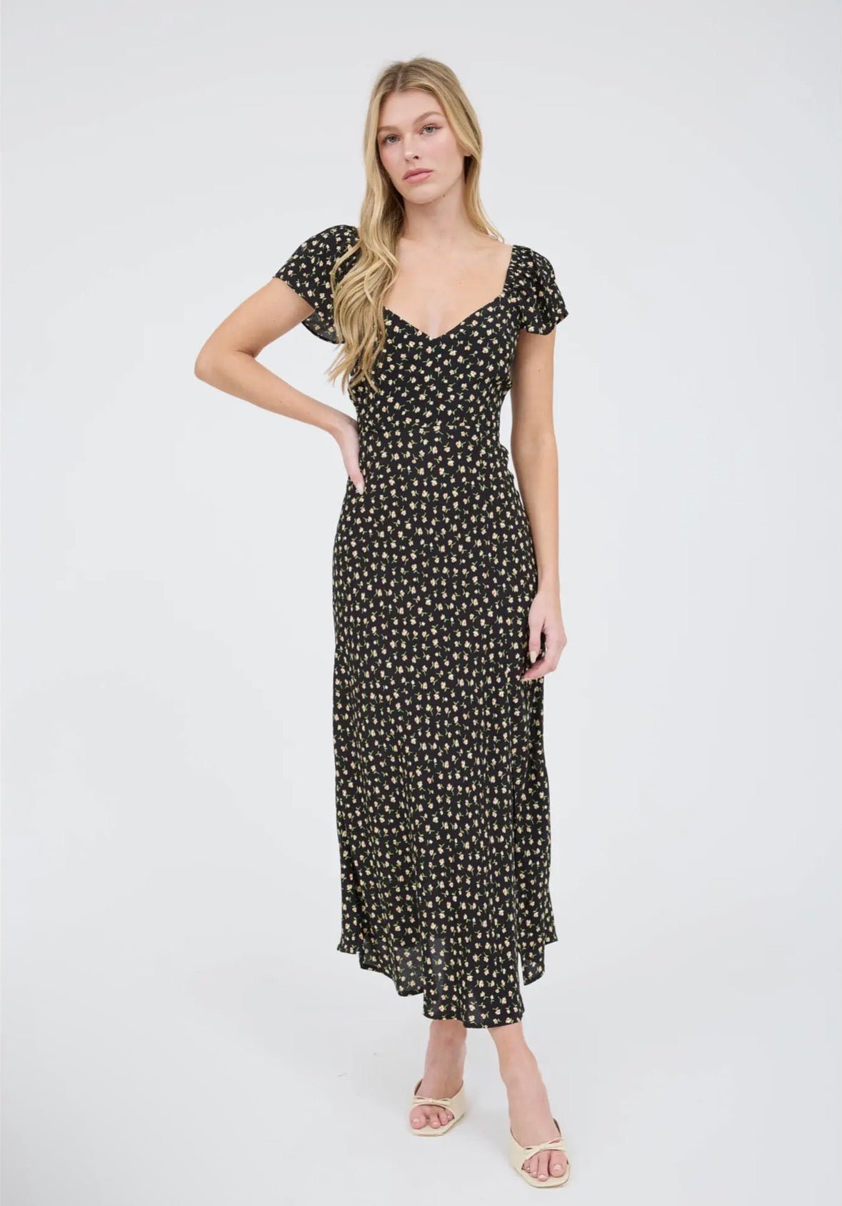Floral Short Slv Side Slit Dress - Flea Boutiques