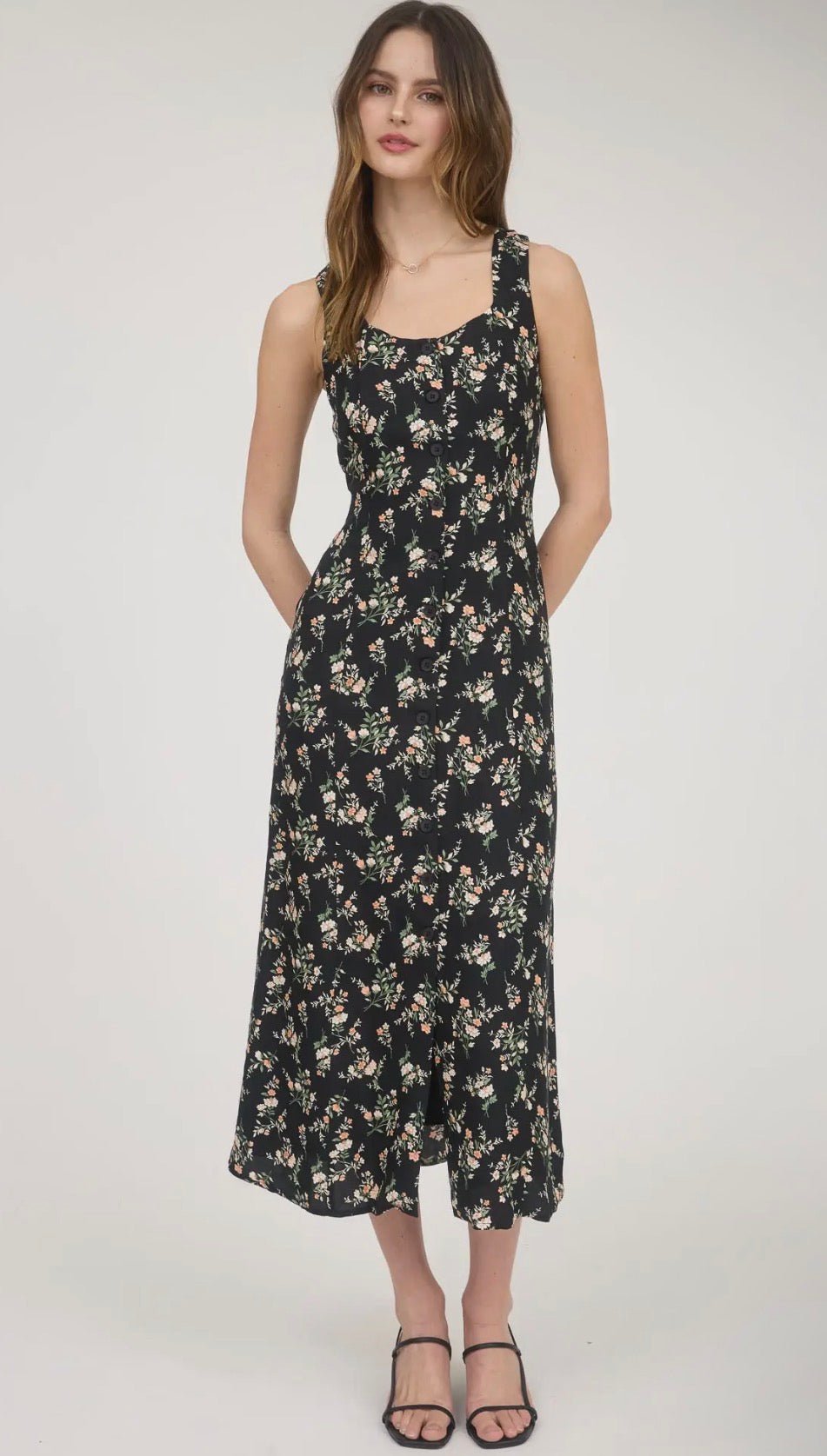 Floral Sleeveless Button Dress - Flea Boutiques