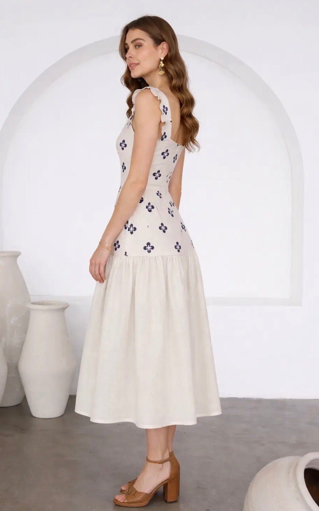 Floral Tile embroidered Linen Mini Dress - Flea Boutiques