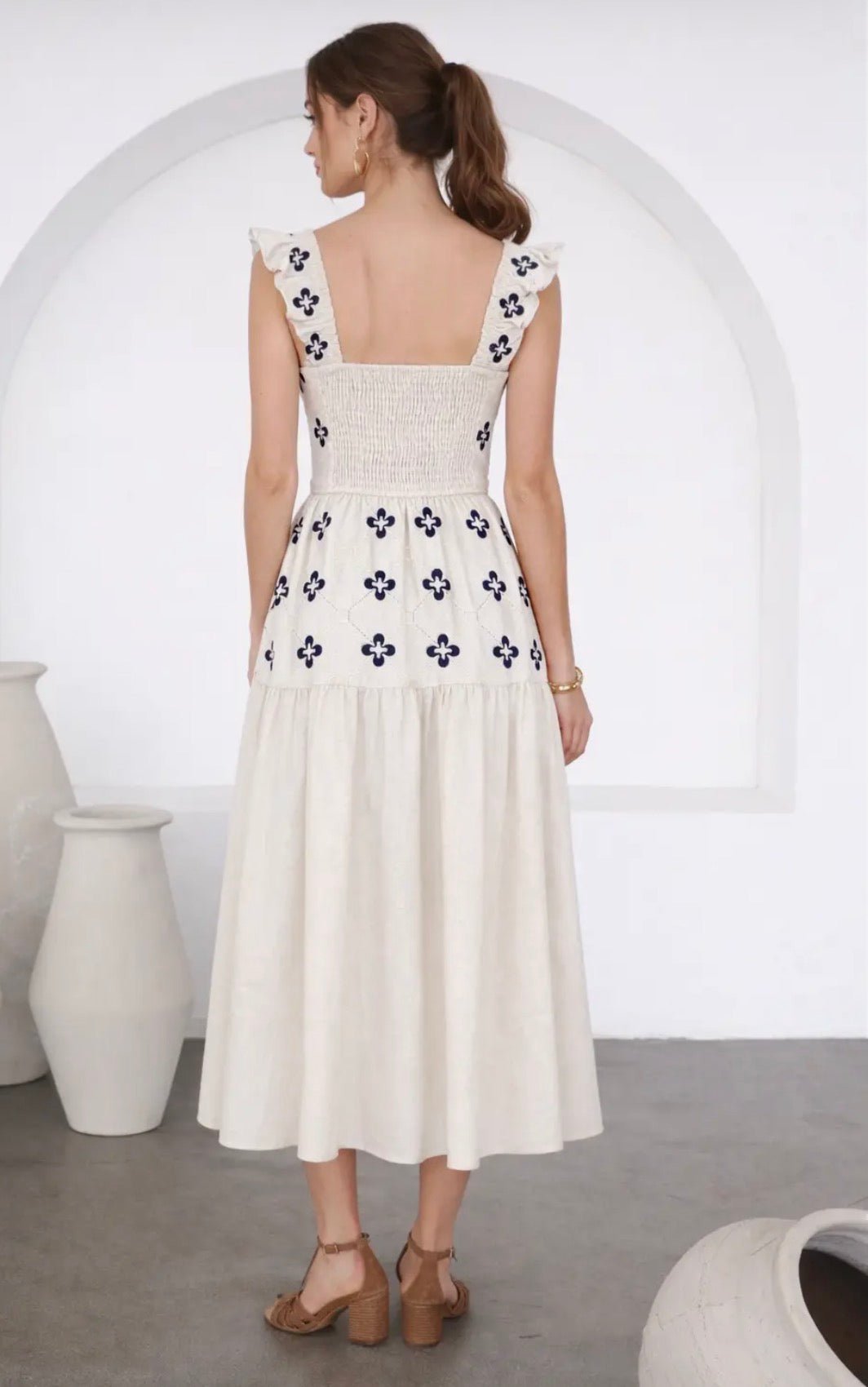 Floral Tile embroidered Linen Mini Dress - Flea Boutiques