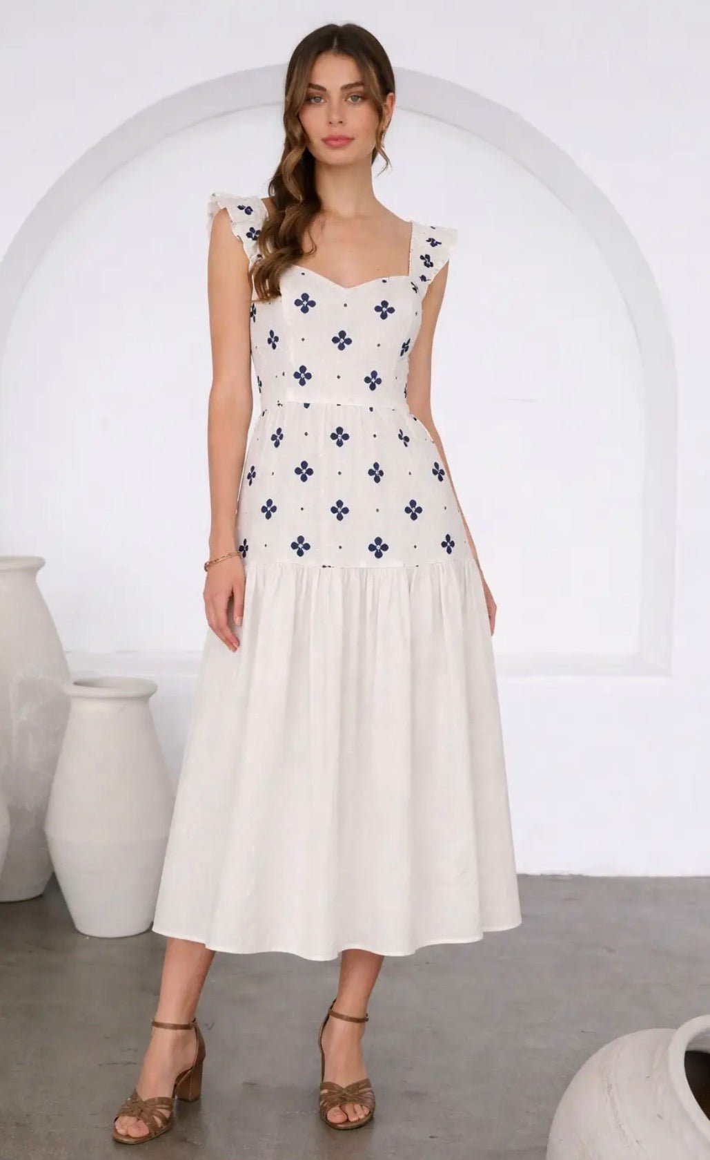 Floral Tile embroidered Linen Mini Dress - Flea Boutiques