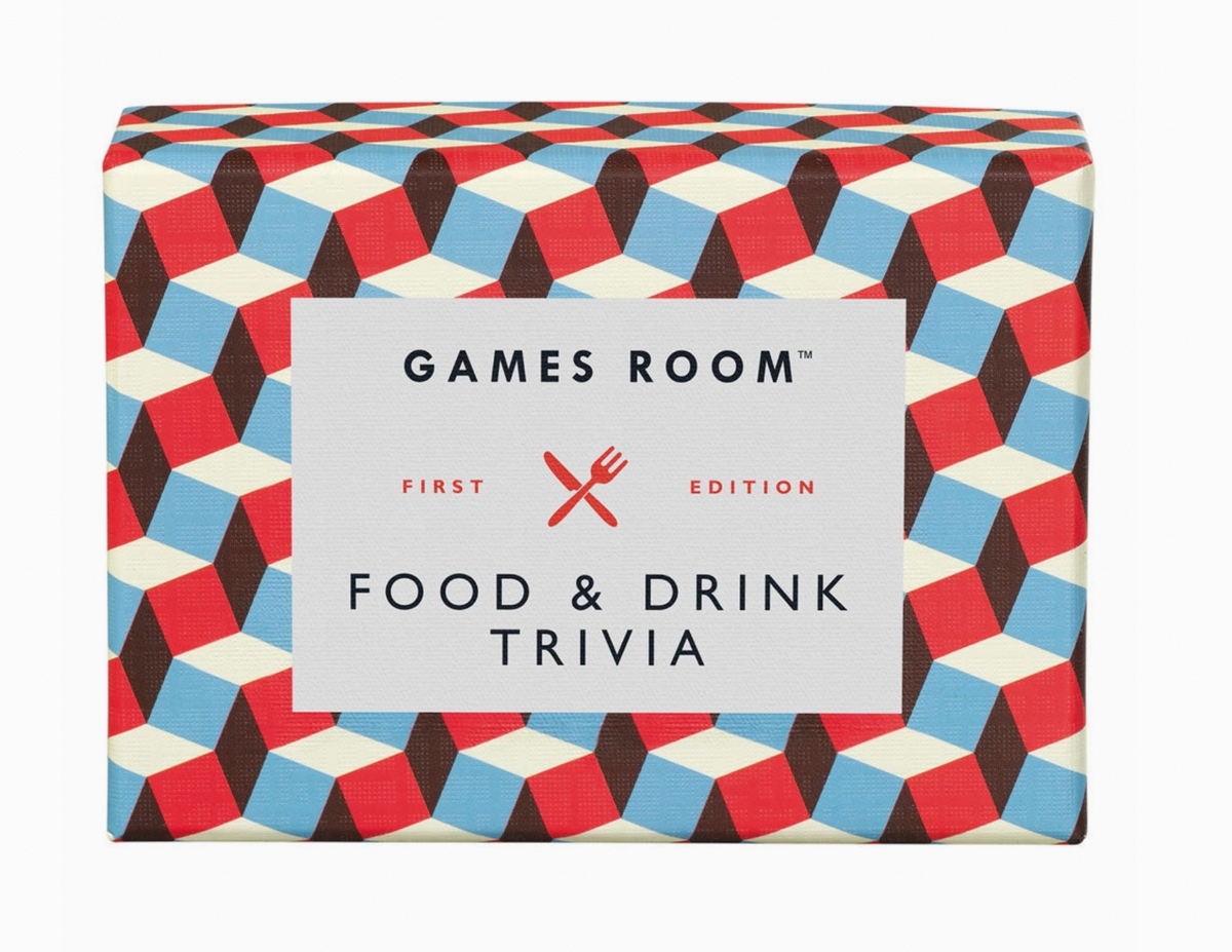 Box of 'Games Room Food & Drink Trivia' with geometric pattern