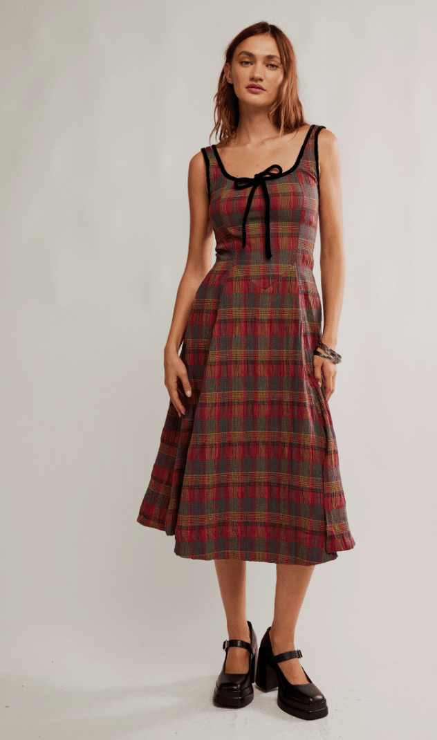 Free People Women's Freya Plaid Midi Dress - Red - Size XL