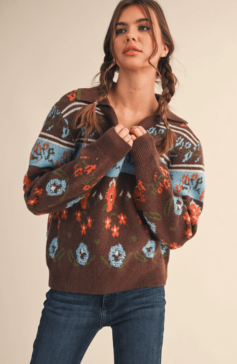 Fuzzy Floral Collared Sweater - Flea Boutiques