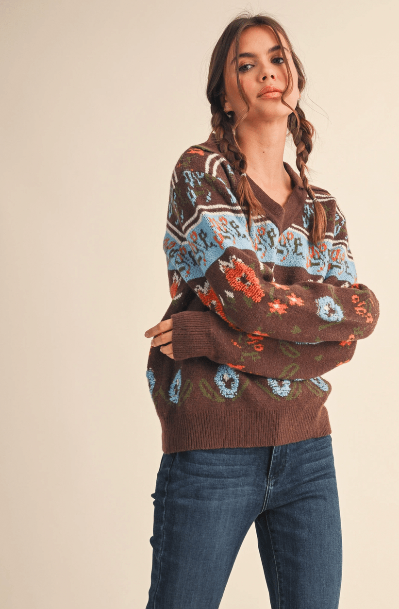 Fuzzy Floral Collared Sweater - Flea Boutiques