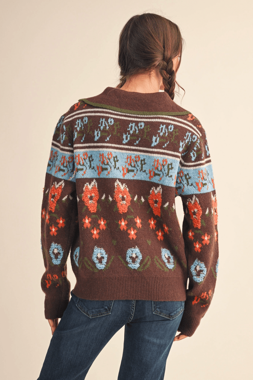 Fuzzy Floral Collared Sweater - Flea Boutiques