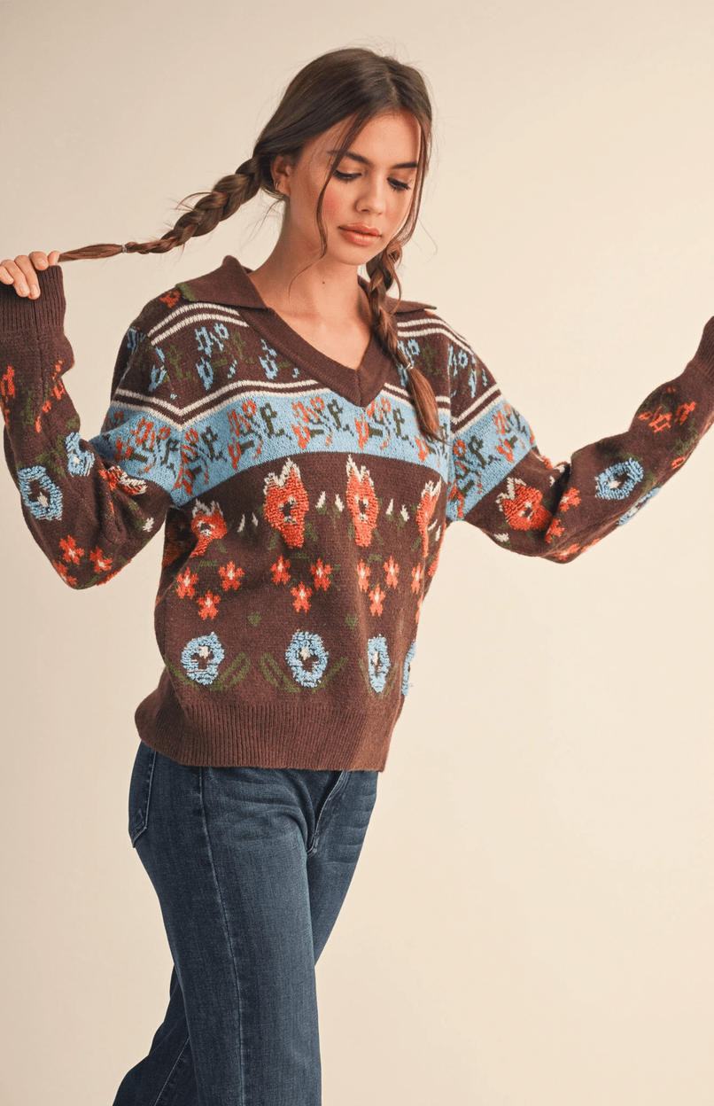 Fuzzy Floral Collared Sweater - Flea Boutiques